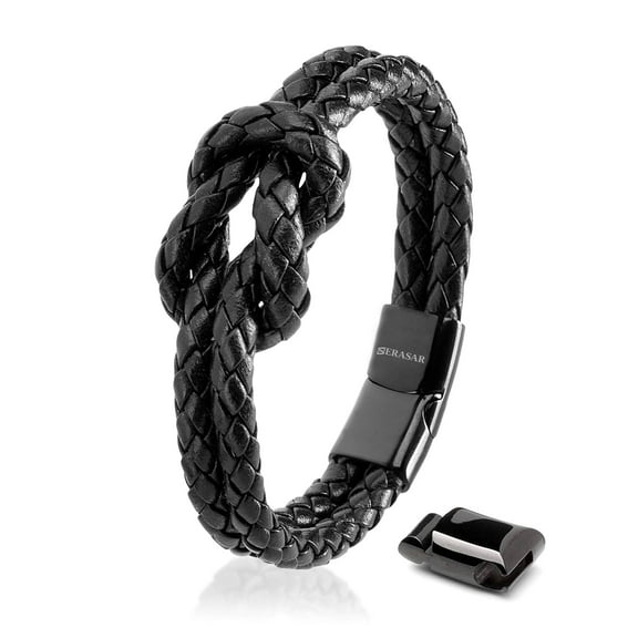 SERASAR Women's Premium Leather Bracelet "Knot" with stainless steel magnetic closure, Black 16cm, including gift box