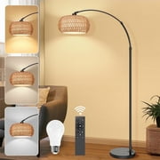 SERBASIC Floor Lamps for Living Room, Arc Boho Rattan Standing Floor lamp with Heavy Duty Marble Base, Stepless Dimmable Height Adjustable Tall Lamp for Bedroom