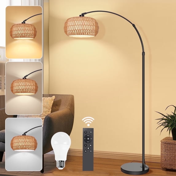 SERBASIC Floor Lamps for Living Room, Arc Boho Rattan Standing Floor lamp with Heavy Duty Marble Base, Stepless Dimmable Height Adjustable Tall Lamp for Bedroom