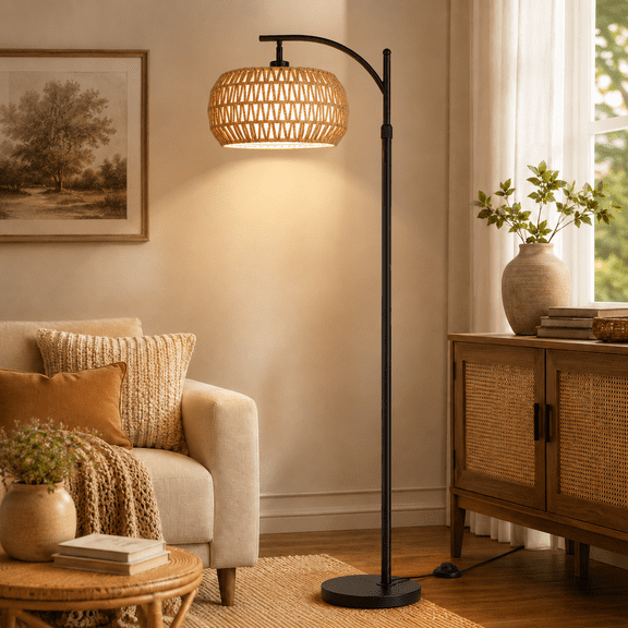 SERBASIC Boho Arc Floor Lamp for Living Room with Remote Control, Stepless Dimmable Rattan floor lamp with Liene Lampshade, Adjustable Standing Tall Lamp for Bedroom