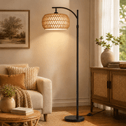SERBASIC Boho Arc Floor Lamp for Living Room with Remote Control, Stepless Dimmable Rattan floor lamp with Liene Lampshade, Adjustable Standing Tall Lamp for Bedroom