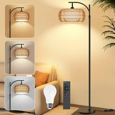 SERBASIC Boho Arc Floor Lamp for Living Room with Remote Control, Stepless Dimmable Rattan floor lamp with Liene Lampshade, Adjustable Standing Tall Lamp for Bedroom