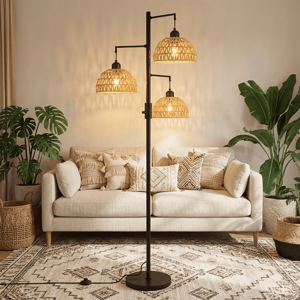 SERBASIC Tree Floor Lamp with 3 LED Bulbs, Boho Rattan Floor Lamp for Living Room and Bedroom, 72" Tall Standing Lamp with Stable Heavy Base, Industrial Farmhouse Decor