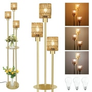 SERBASIC Rattan Floor Lamp for Living Room Bedroom, Boho Tall Standing Floor lamp with Metal Shelf, Heavy Duty 3 Lights Farmhouse Industrial Floor Lamp with 3 PCS Dimmable Bulbs