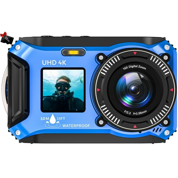 SEREE 4K 64MP 33FT UHD Underwater Camera for Snorkeling Dual-Screen Compact Waterproof Dustproof Floatable Autofocus Camera with 32GB Card Blue