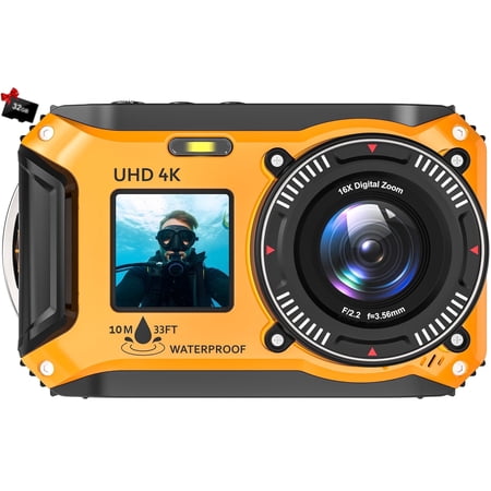 SEREE 4K 64MP 33FT UHD Underwater Camera for Snorkeling Dual-Screen Compact Waterproof Dustproof Floatable Autofocus Camera with 32GB Card Yellow