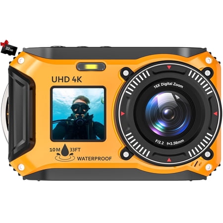SEREE 4K 64MP 33FT UHD Underwater Camera for Snorkeling Dual-Screen Compact Waterproof Dustproof Floatable Autofocus Camera with 32GB Card Yellow