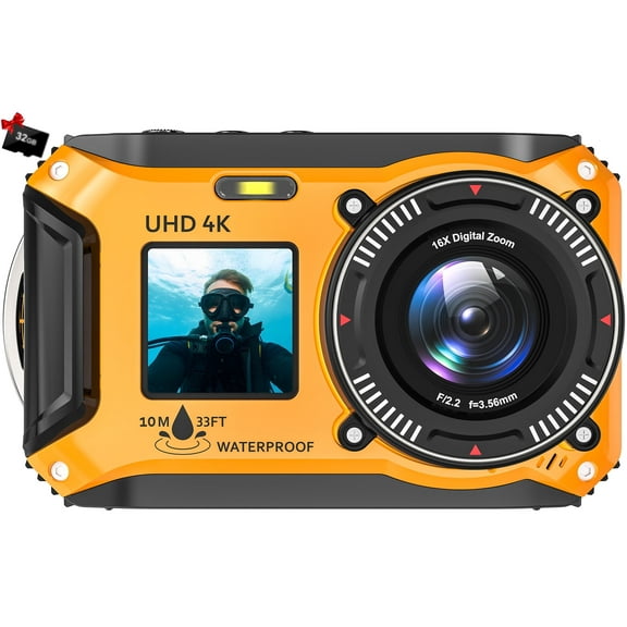 SEREE 4K 64MP 33FT UHD Underwater Camera for Snorkeling Dual-Screen Compact Waterproof Dustproof Floatable Autofocus Camera with 32GB Card Yellow