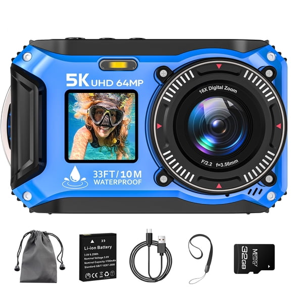 SEREE 5K Underwater Camera for Snorkeling 64MP UHD 33FT Dual-Screen Compact Waterproof Dustproof Floatable Autofocus Camera Blue