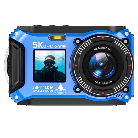 SEREE 5K Underwater Camera for Snorkeling 64MP UHD 33FT Dual-Screen Compact Waterproof Dustproof Floatable Autofocus Camera Blue