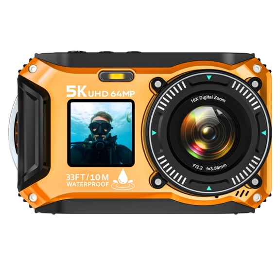 SEREE 5K Underwater Camera for Snorkeling 64MP UHD 33FT Dual-Screen Compact Waterproof Dustproof Floatable Autofocus Camera Yellow