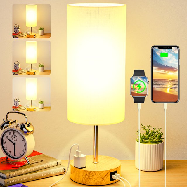 SEREE Bedside Table Lamp Touch Lamp with USB A+C Charging Port and