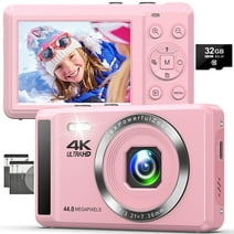 SEREE Digital Camera 4K Compact Camera with 44MP 16X Digital Zoom, 2.4'' Autofocus Portable Point and Shoot Digital Cameras with 32GB SD Card and 2 Batteries Pink