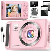 SEREE Digital Camera 4K Compact Camera with 44MP 16X Digital Zoom, 2.4'' Autofocus Portable Point and Shoot Digital Cameras with 32GB SD Card and 2 Batteries Pink