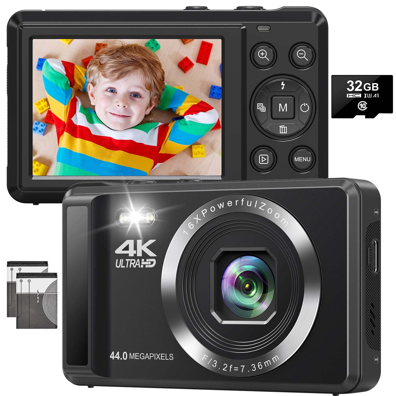Cámara digital, cámara digital FHD 1080P para niños, cámara de video con  tarjeta SD de 32 GB, zoom digital 16X, cámara compacta de punto y disparo