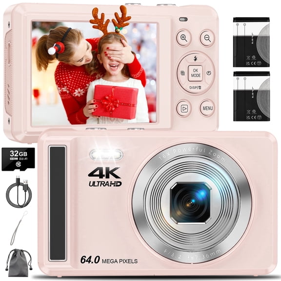 SEREE Digital Camera 4K 64MP 16X Zoom Autofocus Compact Youtube Camera with 32GB SD Card and 2 Batteries Pink
