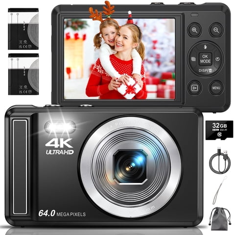 SEREE Digital Camera 4K 64MP 16X Zoom Autofocus Compact Youtube Camera with 32GB SD Card and 2 Batteries Black