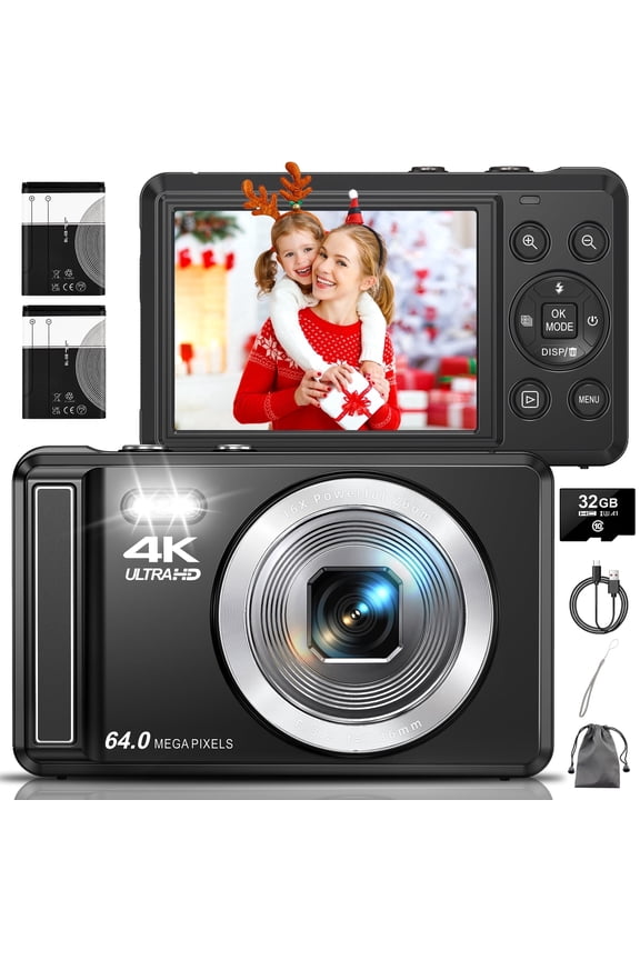 Digital Camera 4K 64MP 16X Zoom Autofocus Compact Youtube Camera with 32GB SD Card and 2 Batteries Black