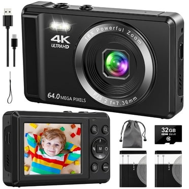 SEREE Digital Camera 4K 64MP 16X Digital Zoom Autofocus Compact Camera with 32GB SD Card and 2 Batteries
