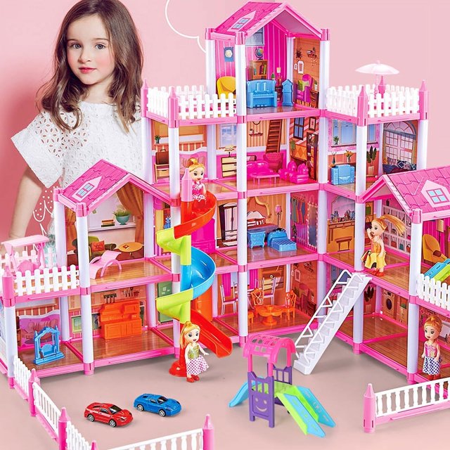 SEREE 4Story Dollhouse Set with 4 Dolls, 16 Rooms, Lights, and Accessories for Kids Ages 38