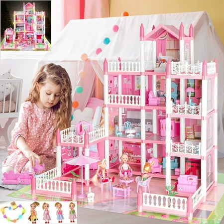 SEREE Doll House for Girls - 4-Story 11 Rooms Playhouse with 4 Dolls Toy Figures, Princess Dreamhouse with Furniture & Rooms Accessories & Light Strip, Christmas Gift Toy for Kids Ages 3 4 5 6 7 8+