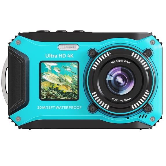 SEREE 4K 64MP 33FT UHD Underwater Camera for Snorkeling Dual-Screen Compact Waterproof Dustproof Floatable Autofocus Camera with 32GB Card Green