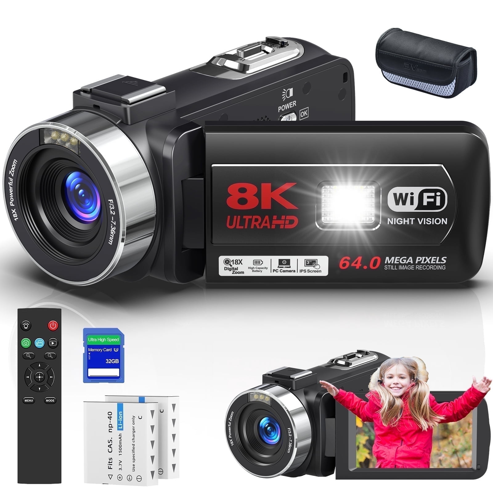 SEREE Video Camera 8K 64MP 18X Digital Zoom 3.0 inch Touch