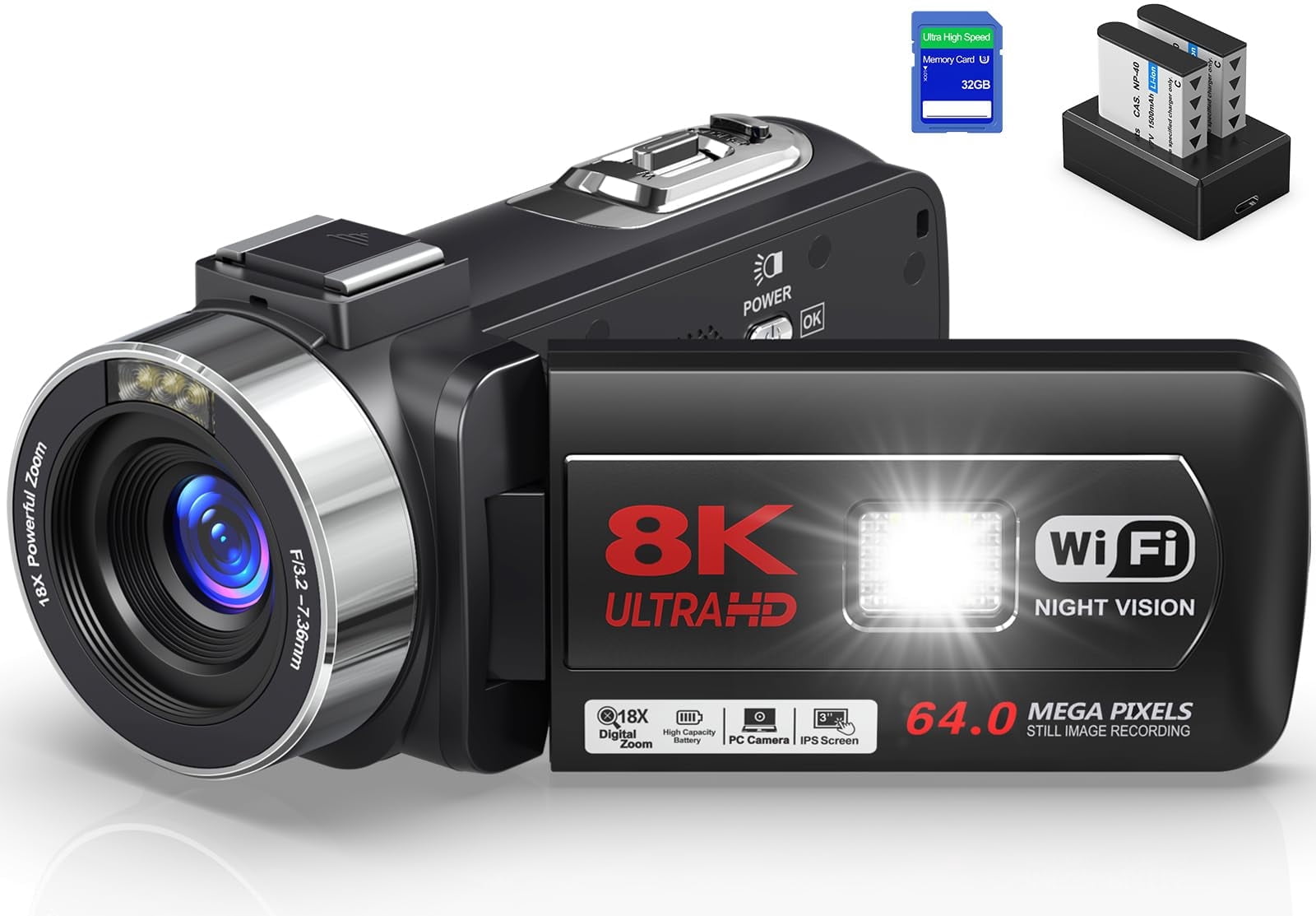 SEREE Video Camera 8K 64MP 18X Digital Zoom 3.0 inch Touch Screen