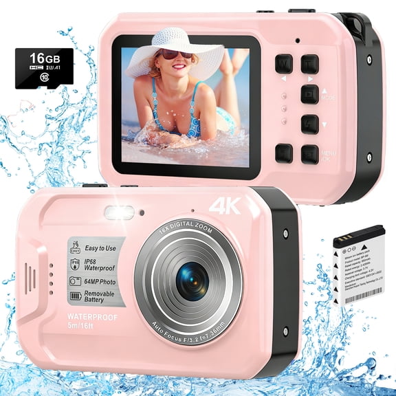 SEREE Waterproof Camera 4K UHD 64MP 16X Digital Zoom Compact Digital Underwater Camera with 16GB Card Pink