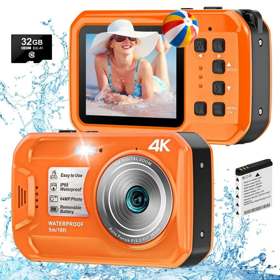 SEREE Waterproof Camera 4K UHD 64MP 16X Digital Zoom Compact Digital Underwater Camera with 32GB Card