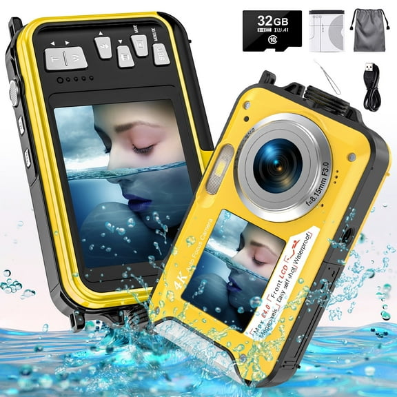 SEREE Waterproof Camera for Youtube 4K Digital Camera FHD 64MP Dual Screens Outdoor Underwater Cameras for Snorkeling, Vacation