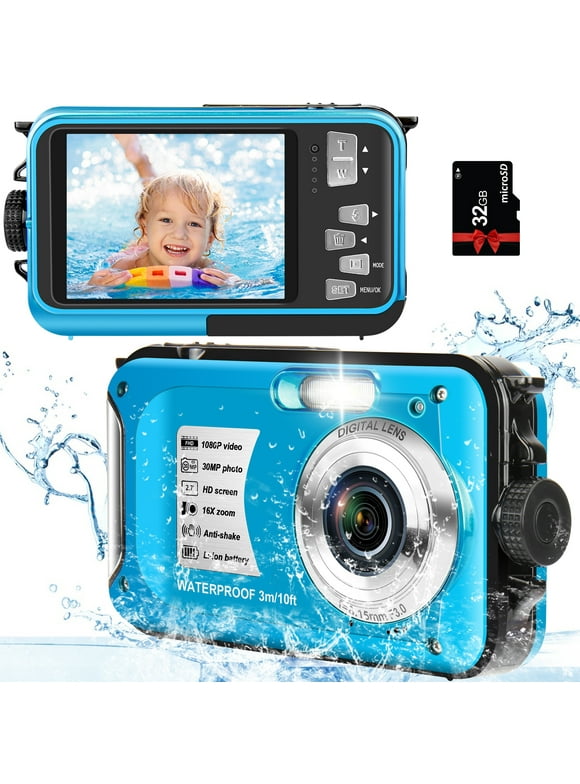 SEREE Waterproof Camera with 32GB Card, 10FT 30MP FHD 1080P 16X Digital Zoom Underwater Camera for Snorkeling - Blue