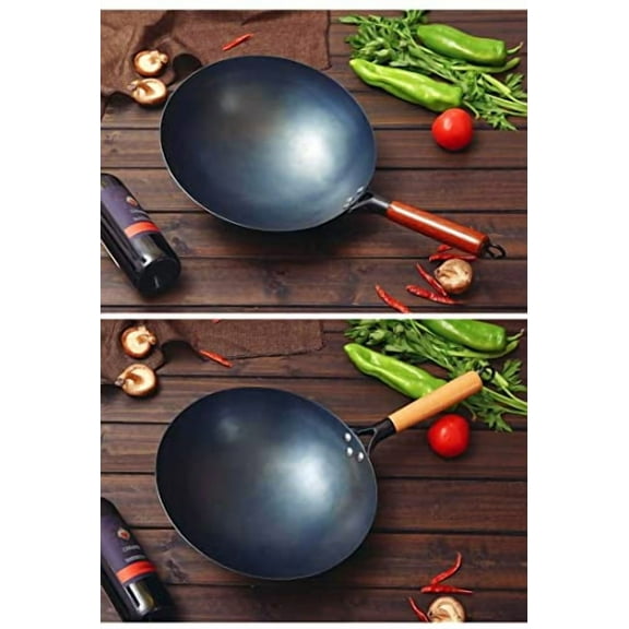 SERENITA Chinese 100% Hand Hammered Iron Woks Stir Fry Pans, Non-stick, No Coating, Less Oil, Black Seasoned Wooden handle (Cook-36cm)