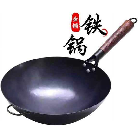 SERENITA Chinese 100% Hand Hammered Iron Woks Stir Fry Pans, Non-stick, No Coating, Less Oil, Black Seasoned Wooden handle (Cook-36cm)