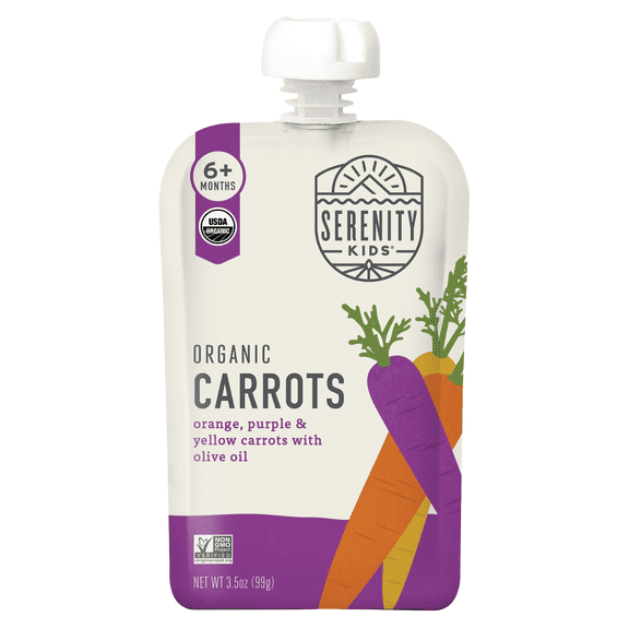 Serenity Kids Organic Carrots, 6+ Months, Orange, Purple & Yellow Carrots with Olive Oil, 3.5 oz (99 g)