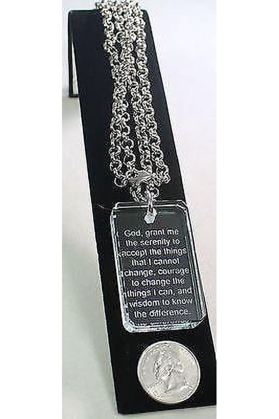 SERENITY PRAYER CRYSTAL DOG TAG NECKLACE STAINLESS STEEL ROLO NECKLACE