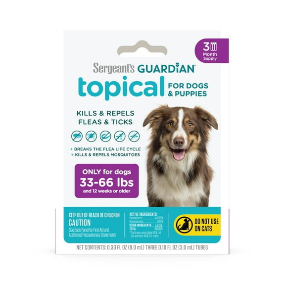 SERGEANT'S GUARDIAN Flea & Tick Topical for Dogs, 33-66 lbs, kills fleas and ticks, plus repels mosquitoes for up to four weeks.