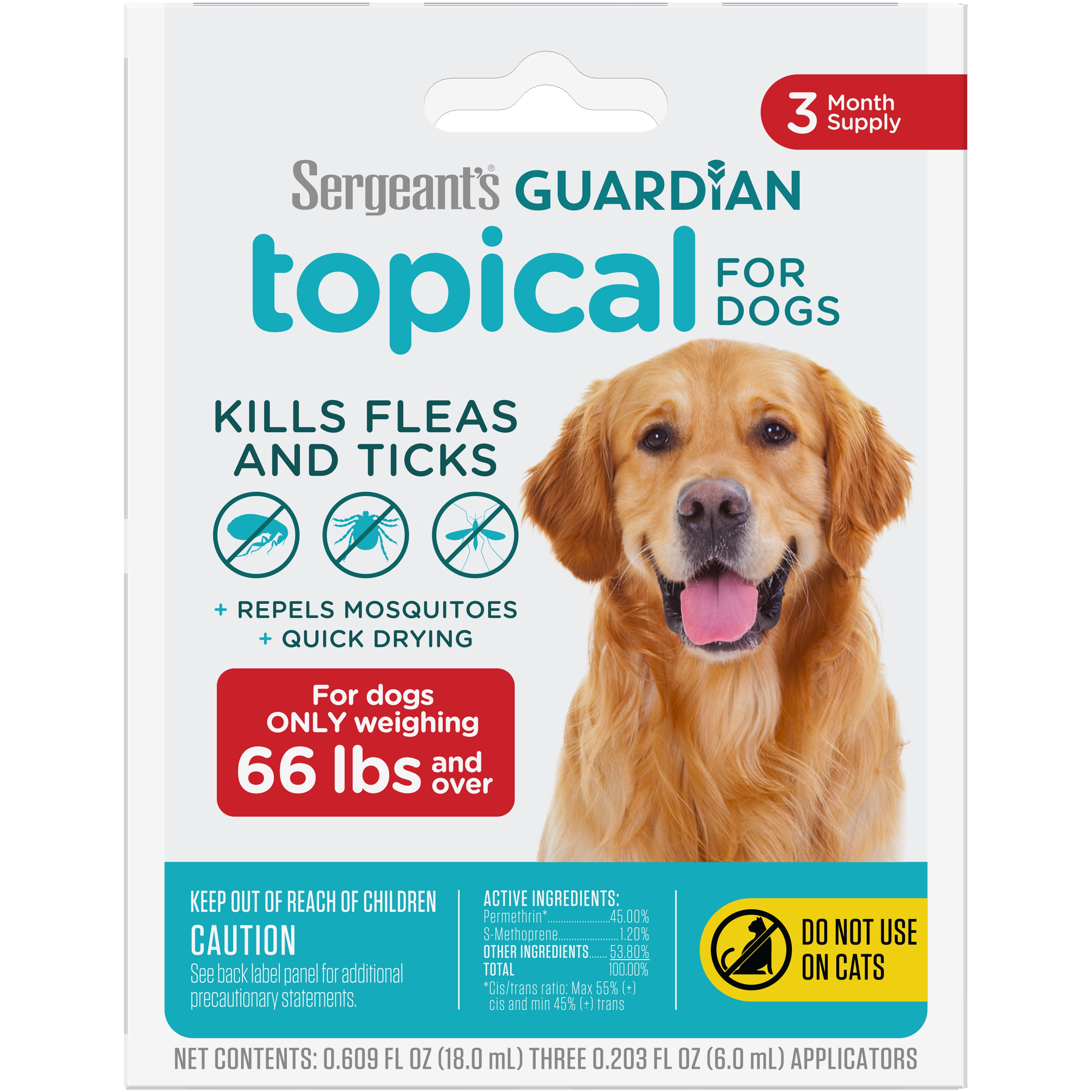 SERGEANT'S GUARDIAN Flea & Tick Topical for Dogs, 66 lbs and Over, 3 Count