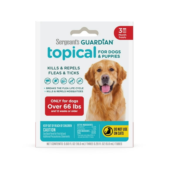 SERGEANT'S GUARDIAN Flea & Tick Topical for Dogs, 66 lbs and over, kills fleas and ticks, plus repels mosquitoes for up to four weeks.