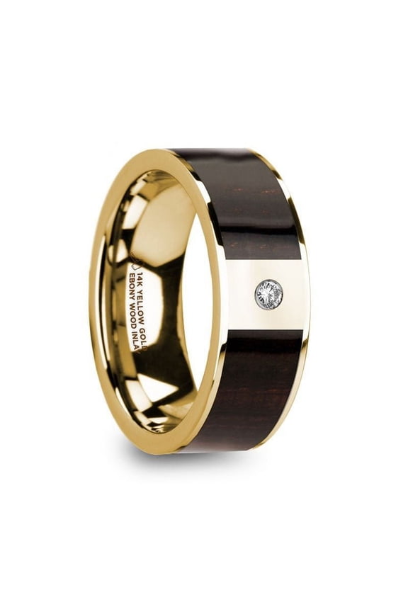 SERGIOS Men’s 14k Yellow Gold with Ebony Wood Inlay Flat Wedding Ring with Diamond Center - 8mm