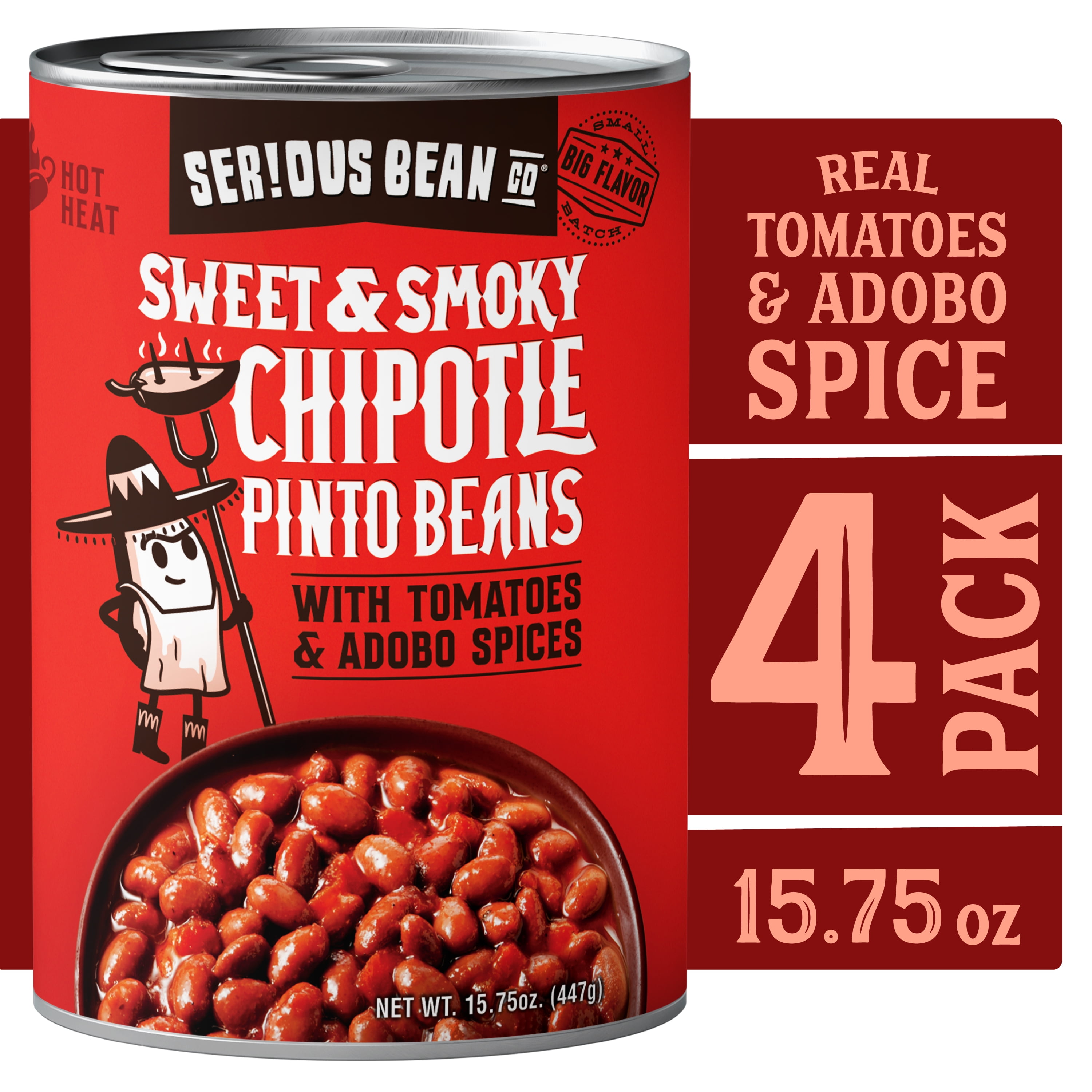 SERIOUS BEAN CO Sweet and Smoky Chipotle Pinto Beans, Hot Heat,15.75 oz
