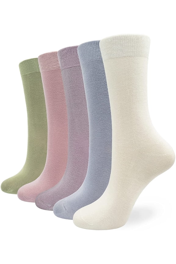 5 Pairs Bamboo Dress Casual Sock for Women Mid-Calf Crew Socks Soft Lightweight (Assorted3, Large)