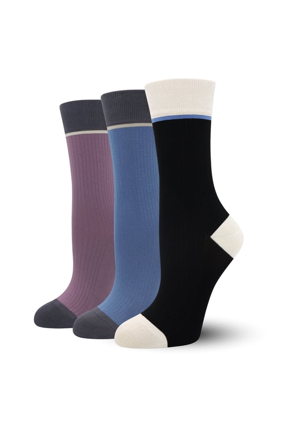 Womens Soft Ribbed Viscose Bamboo Thin Crew Socks, Dress Colorblock Retro Colorful Design Fashion Calf Sock 3 Pairs(Assorted2,Large)