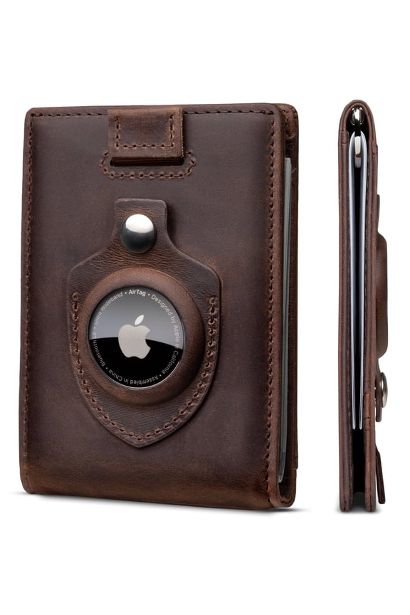 AirTag Wallet - RFID Blocking Mens Minimalist Clip Wallet for Airtag - Full Grain Leather - Slim Bifold. Front Pocket Apple Air tag Wallets for men. Gift (Texas Brown 1.0 Air) A101