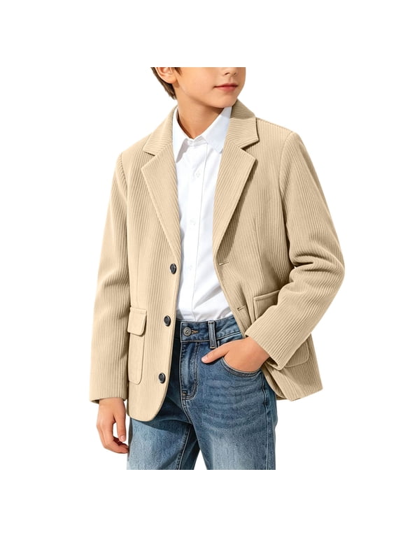 Boys Blazer Jacket Corduroy Notched Lapel Button Solid Long Sleeve Casual Formal Outerwear Fall Flap Pockets (13-14 Years, Beige)