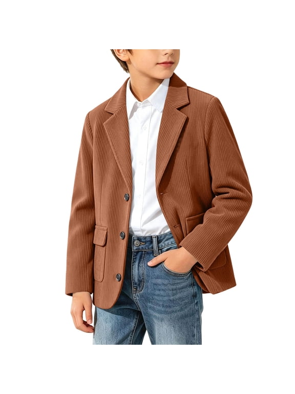Boys Blazer Jacket Corduroy Notched Lapel Button Solid Long Sleeve Casual Formal Outerwear Fall Flap Pockets (13-14 Years, Orange)