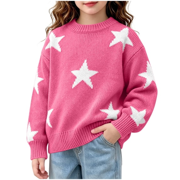 SEROYE Crewneck Sweaters for Girl Star Pattern Knitted Pullover Long Sleeve Drop Shoulder Ribbed Trim Casual Tops (10-12 Years, Hot Pink)
