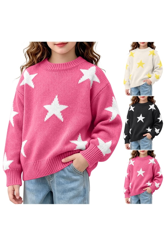 Crewneck Sweaters for Girl Star Pattern Knitted Pullover Long Sleeve Drop Shoulder Ribbed Trim Casual Tops (6-8Years, Black)