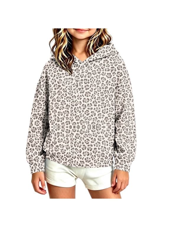 Fall Sweatshirts for Girls Leopard Print Hoodies Long Sleeve Drop Shoulder Pullover Casual Trendy Tops (7-8 Years, Gray)
