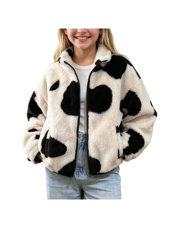 Fleece Jackets for Girls Cow Print Coat Stand Collar Full Zip Long Sleeve Casual Fall Winter Outerwear Pockets (1-2Years, White)